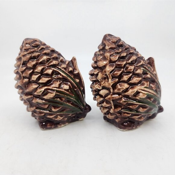 Vintage Pine Cone Salt & Pepper Shakers Set w Leaves Winter Glazed Brown 2.75 in - Picture 2 of 5